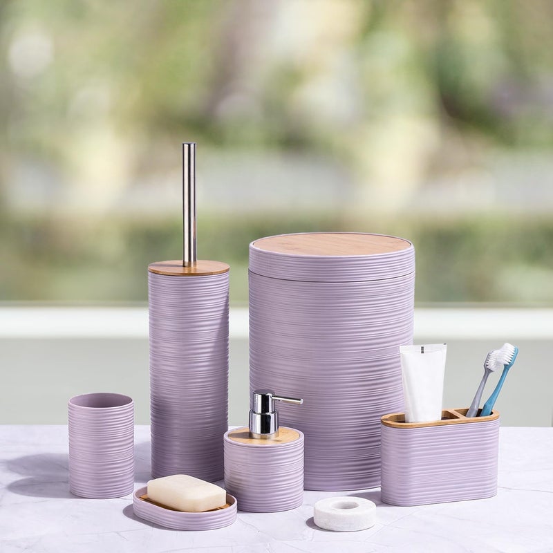CERBIOR Bathroom Accessories Set 6 Piece Bamboo Bath Ensemble Includes Soap Dispenser  Toothbrush Holder  Toothbrush Cup  Soap Dish for Decorative Countertop and Housewarming Gift  Sriral Purple - Image 2